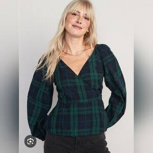 Old Navy Green and Navy Plaid Wrap Peplum Blouse
